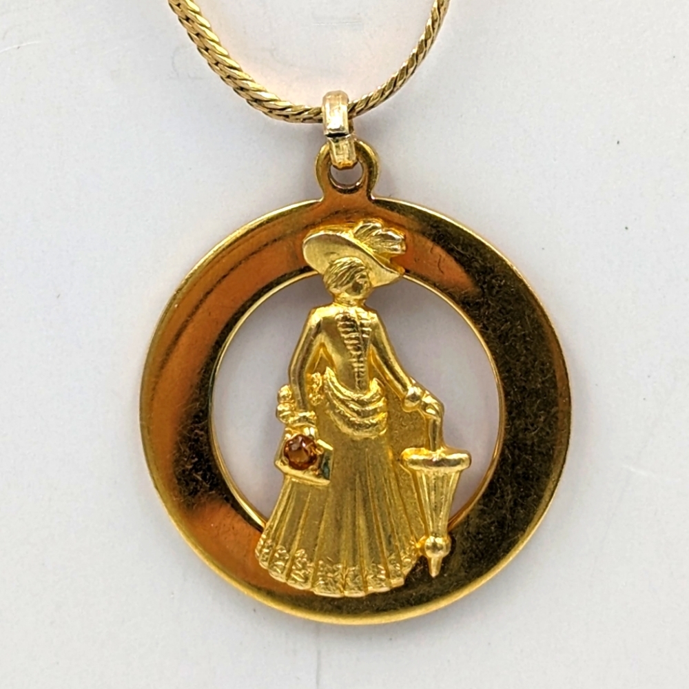 Avon Mrs. Albee Pendant 10K Gold Filled On 14K GF Flat Curb Chain 15" Vintage